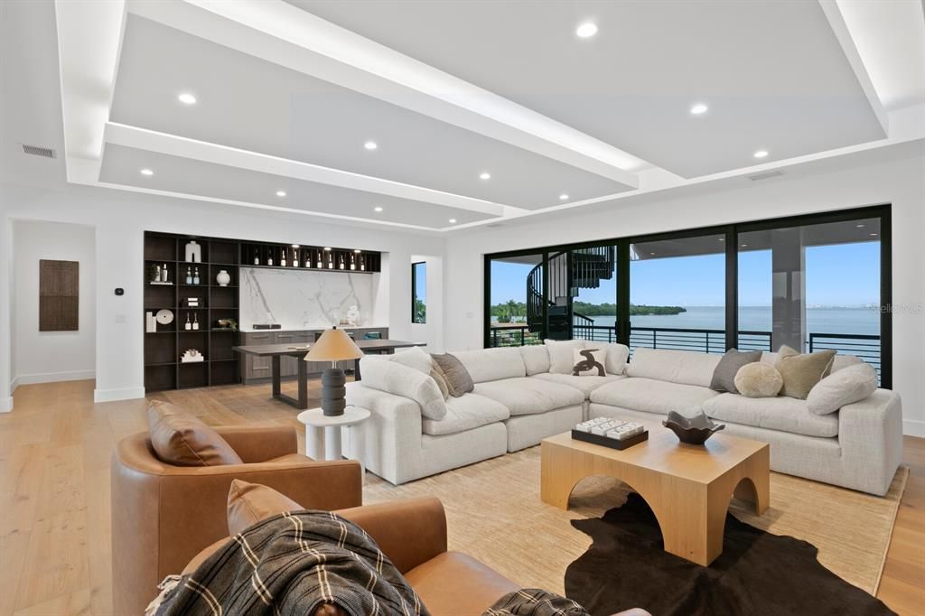 Interior, Living room, Marble Walls, Recessed Lighting, Water, Wood Texture Flooring