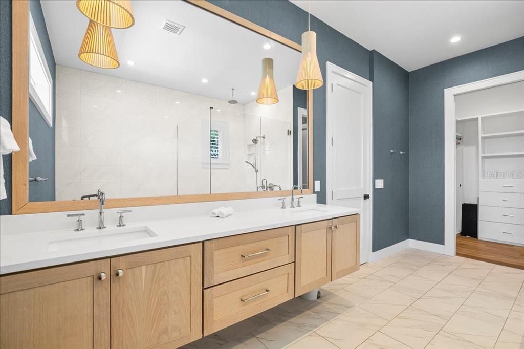 Bathroom, Dual Sink Vanities, Glass Shower, Interior, Marble, Recessed Lighting