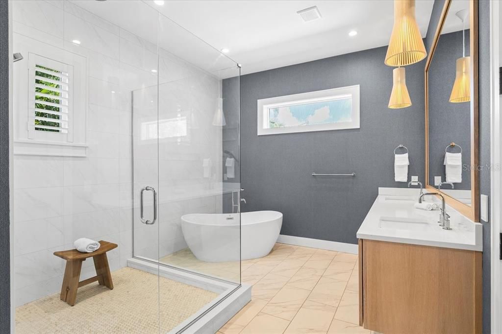 Bathroom, Dual Sink Vanities, Free Standing Baths, Glass Shower, Interior, Marble, Recessed Lighting