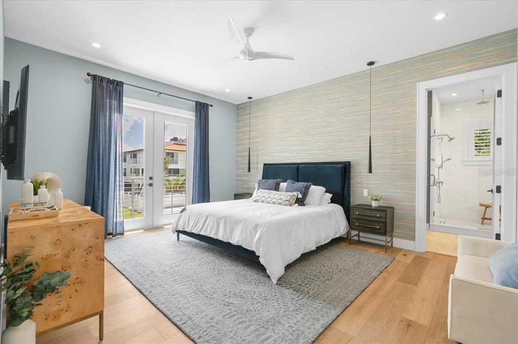 Bathroom, Bedroom, Glass Shower, Interior, Recessed Lighting, Wood Texture Flooring