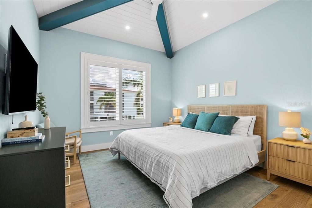 Bedroom, Interior, Recessed Lighting, Wooden Beams, Wood Texture Flooring
