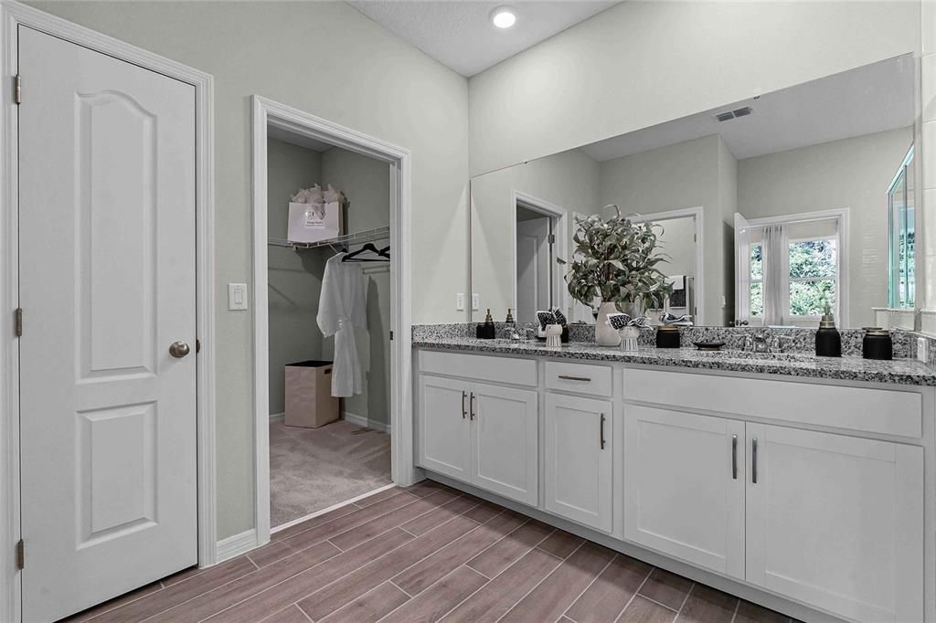 Bathroom, Dual Sink Vanities, Interior, Recessed Lighting, Wood Texture Flooring