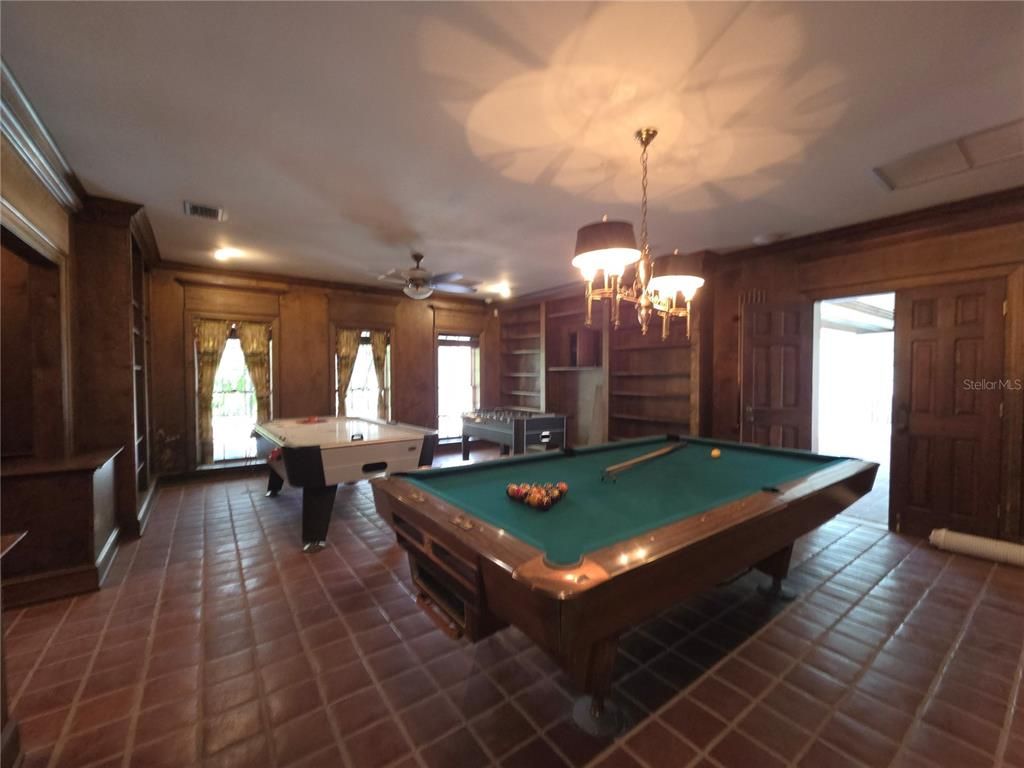 Billiard Table, Chandelier, Game Room, Interior, Pendant Lights, Wooden Walls