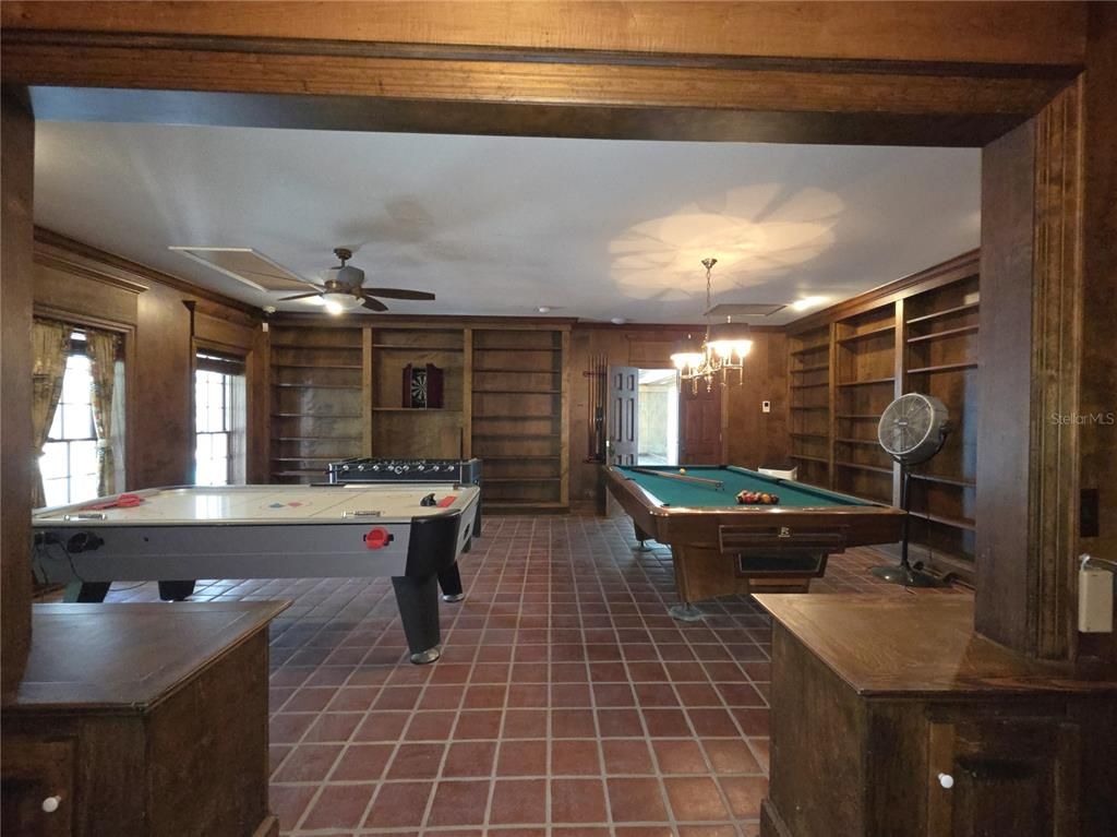 Billiard Table, Chandelier, Game Room, Interior, Wooden Walls