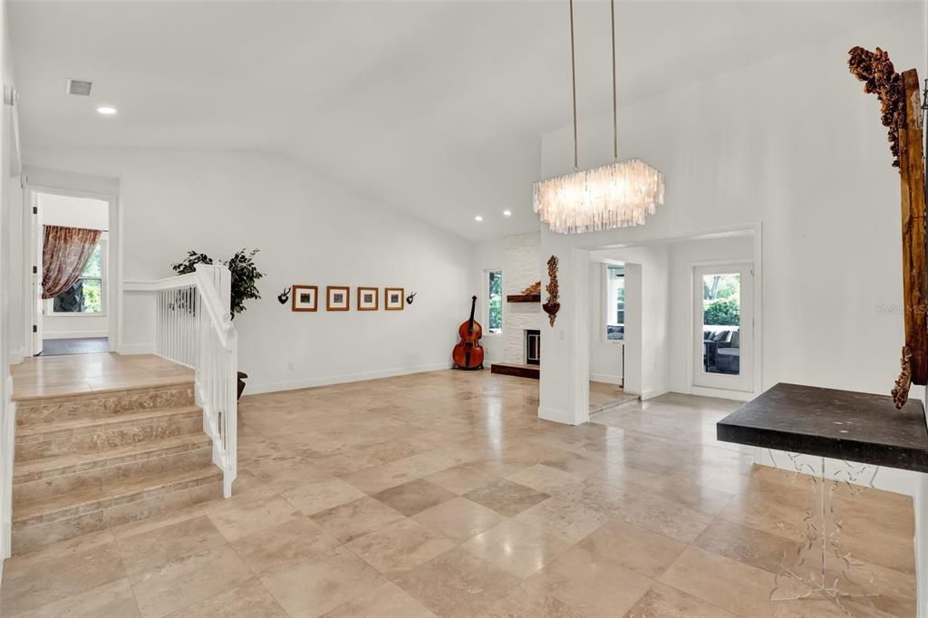 Chandelier, Empty room, Fireplace, Interior, Recessed Lighting