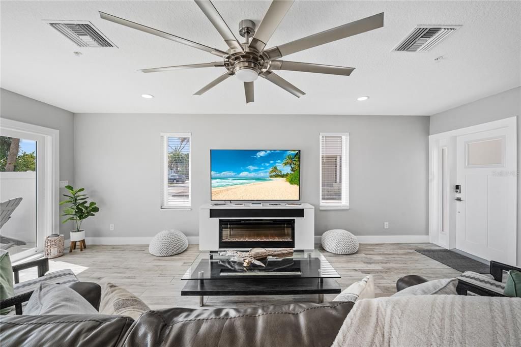 Fireplace, Interior, Living room, Recessed Lighting, Wood Texture Flooring