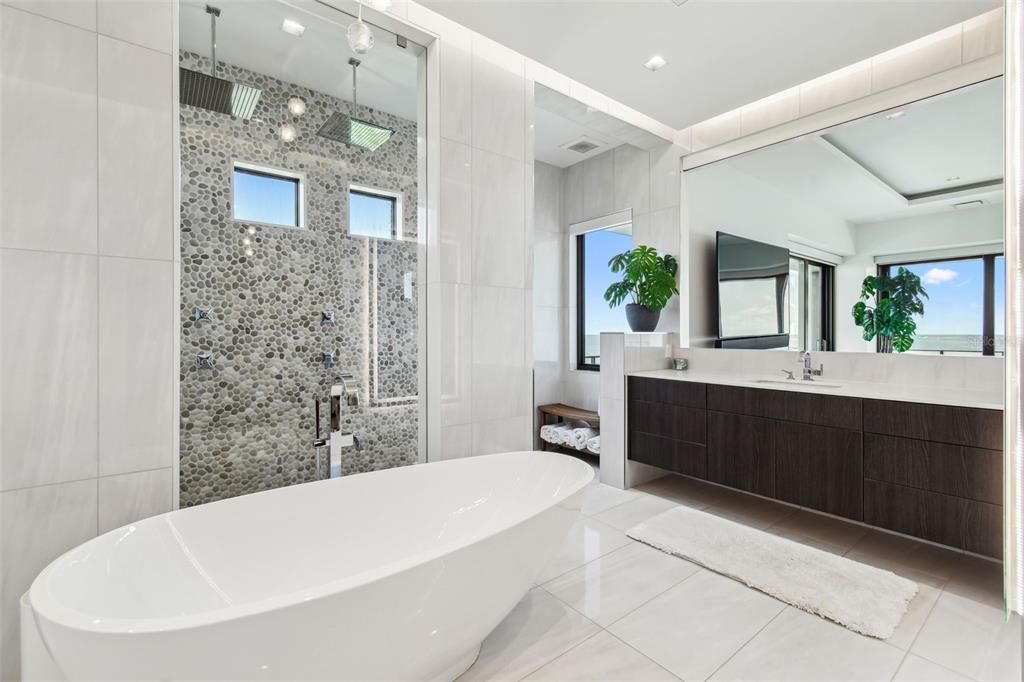 Bathroom, Dual Sink Vanities, Free Standing Baths, Glass Shower, Interior, Pendant Lights, Recessed Lighting