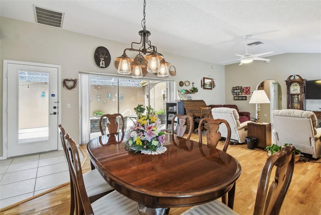 Dining room, Interior, Living room, Pendant Lights, Wood Texture Flooring