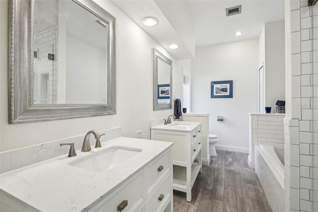 Bathroom, Dual Sink Vanities, Interior, Recessed Lighting, Wood Texture Flooring