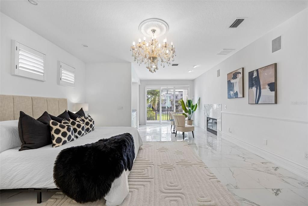 Bedroom, Chandelier, Fireplace, Interior, Marble