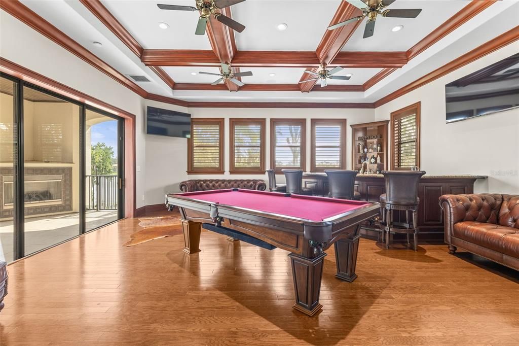 Billiard Table, Game Room, Interior, Recessed Lighting, Wood Texture Flooring
