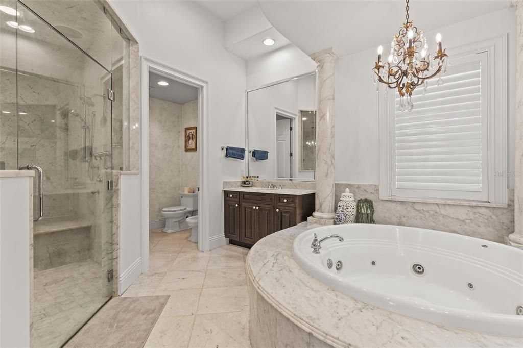Bathroom, Chandelier, Glass Shower, Interior, Marble Walls, Recessed Lighting