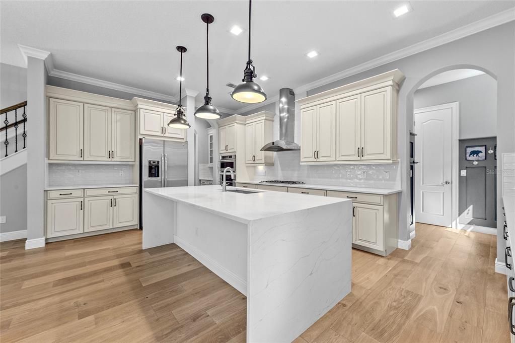 Interior, Kitchen, Pendant Lights, Recessed Lighting, Stainless Steel Appliances, Wood Texture Flooring