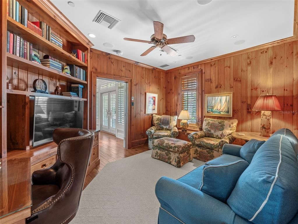 Fireplace, Interior, Living room, Recessed Lighting, Wood Texture Flooring, Wooden Walls