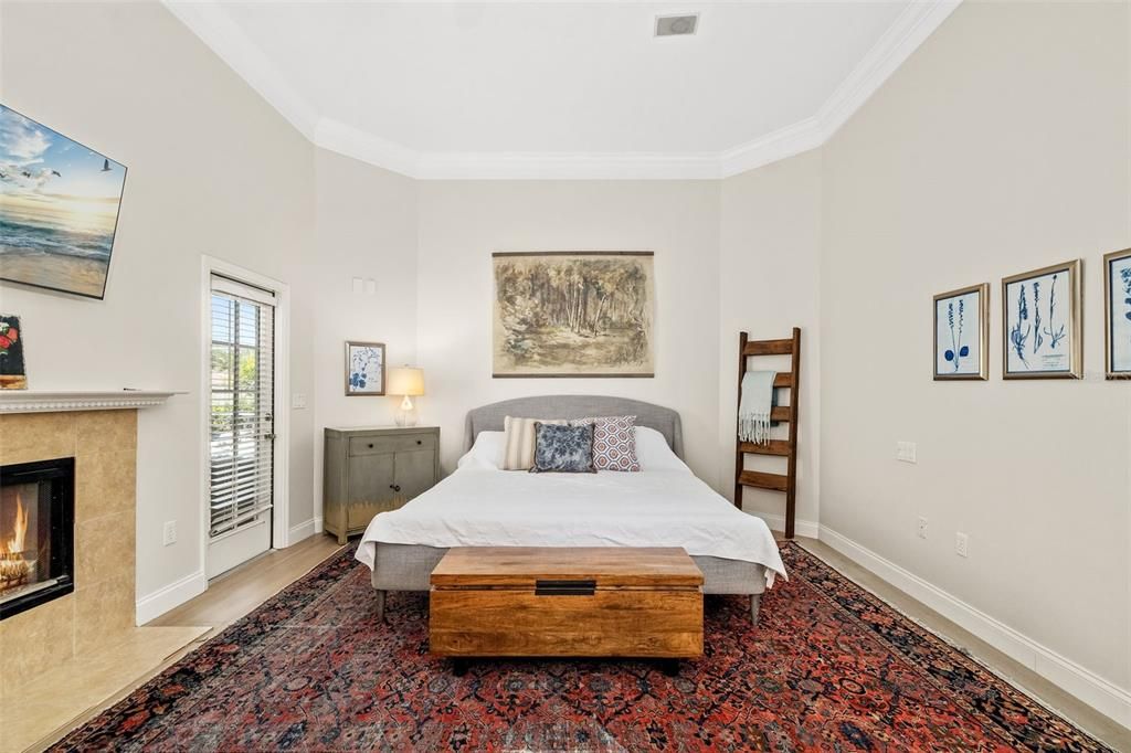 Bedroom, Fireplace, Interior, Wood Texture Flooring