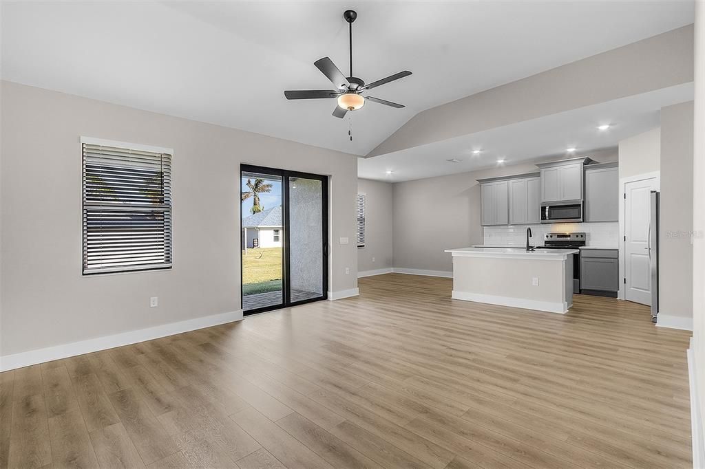 Empty room, Interior, Kitchen, Recessed Lighting, Wood Texture Flooring