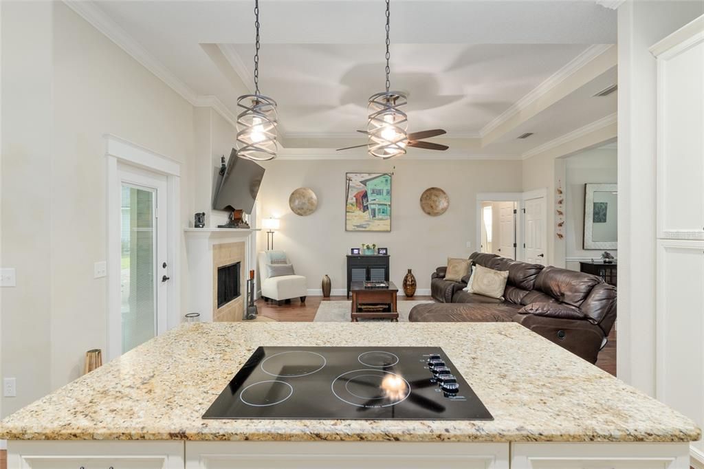 Fireplace, Interior, Kitchen, Living room, Pendant Lights