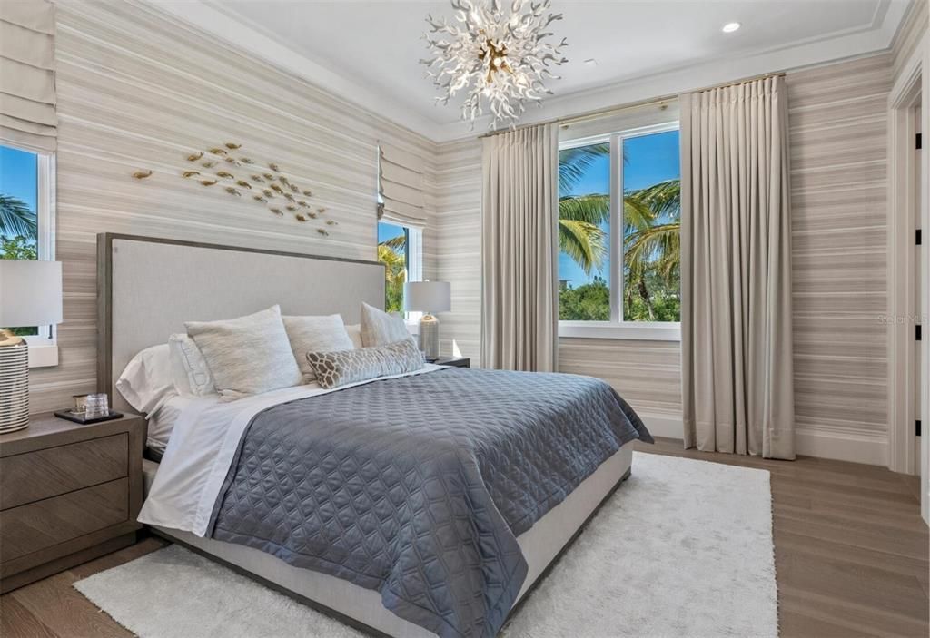 Bedroom, Interior, Pendant Lights, Recessed Lighting, Wood Texture Flooring