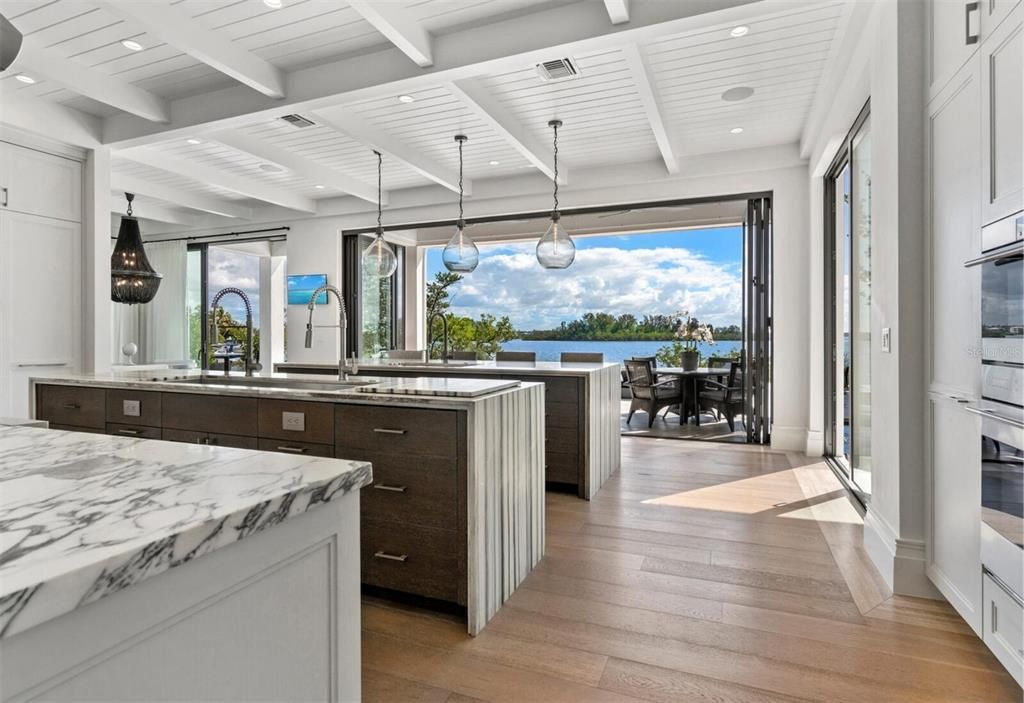 Interior, Kitchen, Pendant Lights, Recessed Lighting, Stainless Steel Appliances, Water, Wood Texture Flooring
