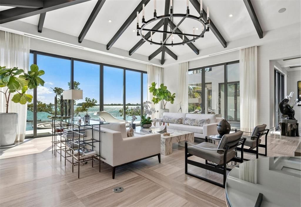 Chandelier, Interior, Living room, Recessed Lighting, Water, Wooden Beams, Wood Texture Flooring