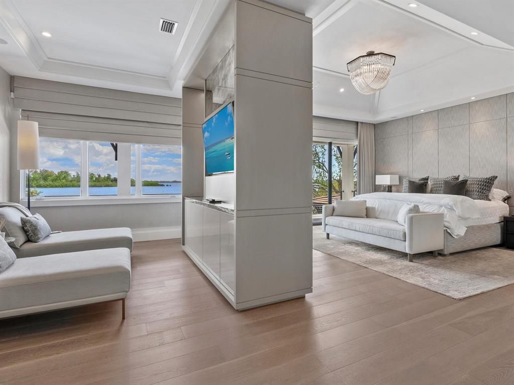 Bedroom, Chandelier, Interior, Recessed Lighting, Water, Wood Texture Flooring