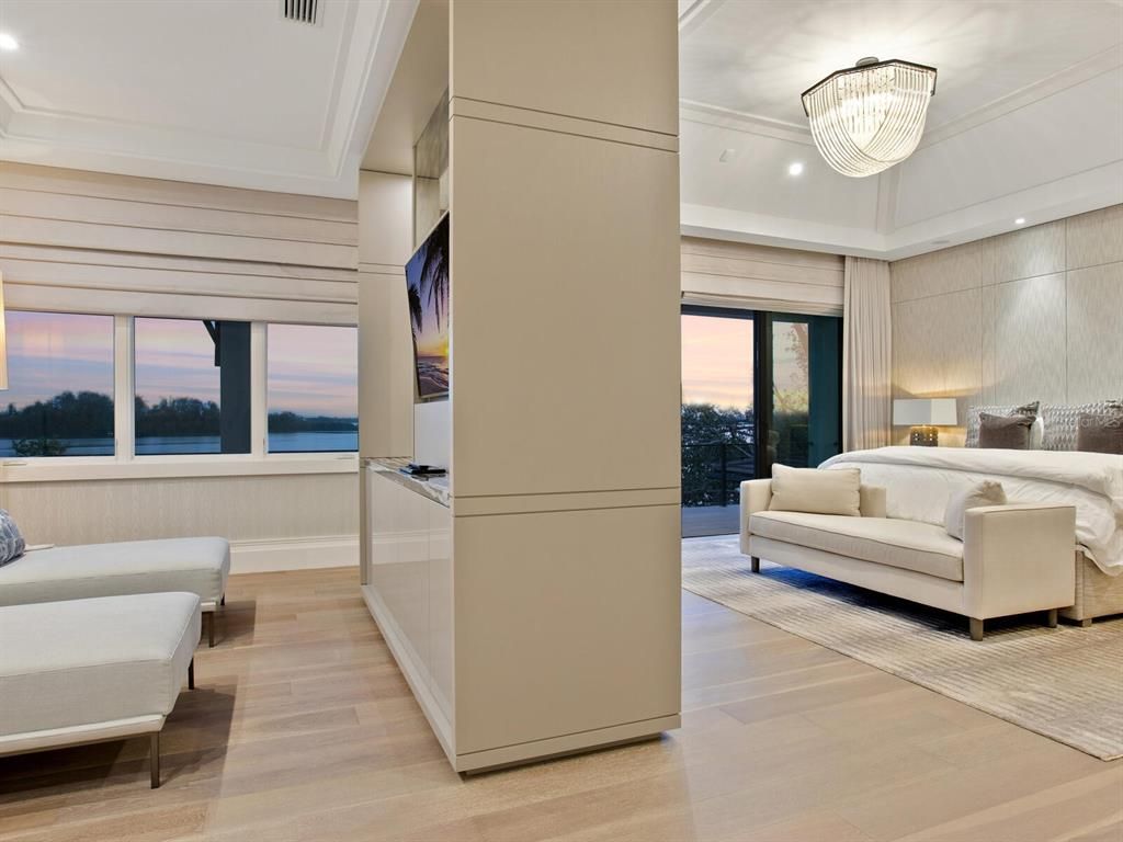 Bedroom, Chandelier, Interior, Living room, Recessed Lighting, Water, Wood Texture Flooring