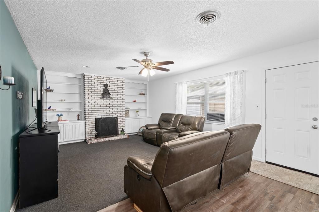 Home Theatre Room, Fireplace, Interior, Living room, Stone Walls, Wood Texture Flooring