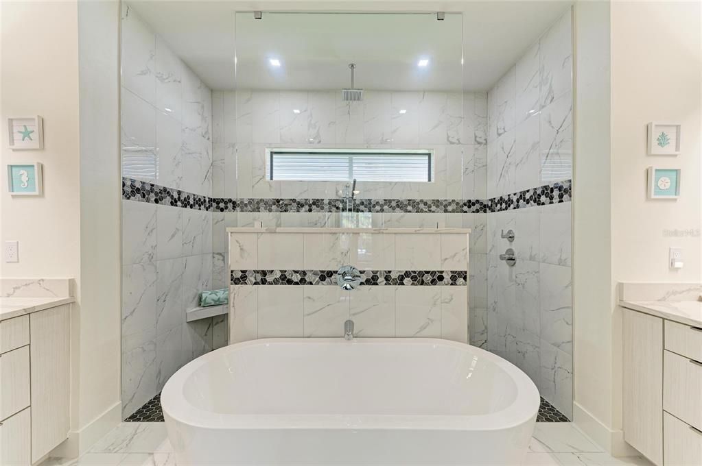 Bathroom, Free Standing Baths, Interior, Marble, Marble Walls, Recessed Lighting