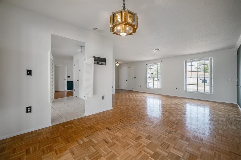 Empty room, Interior, Pendant Lights, Wood Texture Flooring