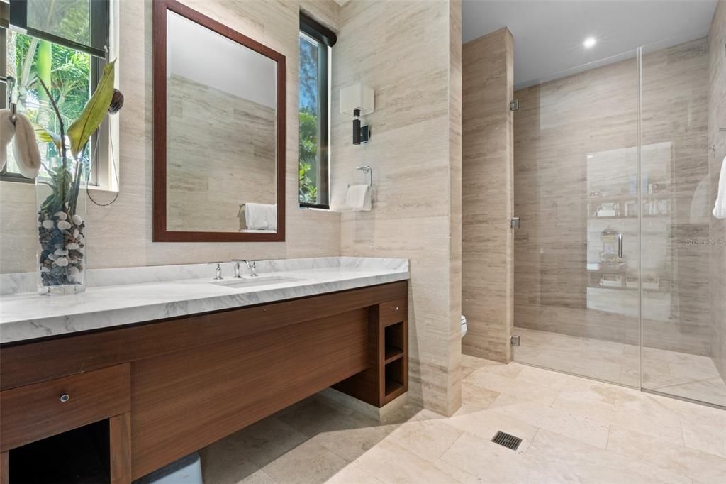 Bathroom, Dual Sink Vanities, Glass Shower, Interior, Recessed Lighting