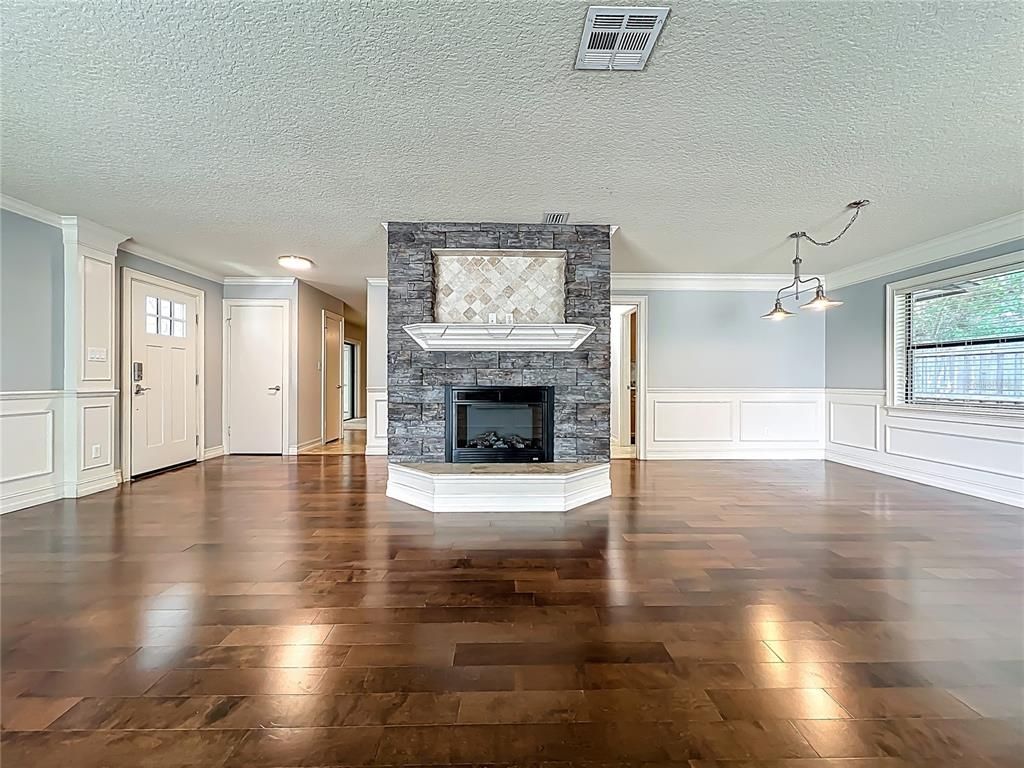 Empty room, Fireplace, Interior, Pendant Lights, Recessed Lighting, Wood Texture Flooring