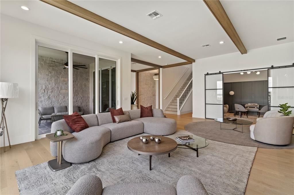 Interior, Living room, Recessed Lighting, Wooden Beams, Wood Texture Flooring
