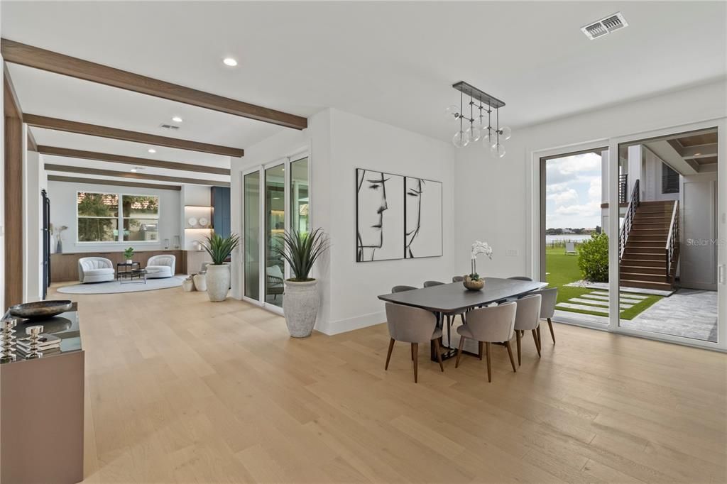 Dining room, Interior, Living room, Pendant Lights, Recessed Lighting, Wooden Beams, Wood Texture Flooring