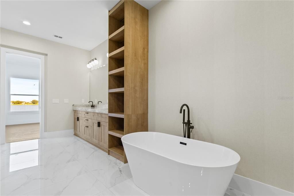Bathroom, Dual Sink Vanities, Free Standing Baths, Interior, Marble, Recessed Lighting