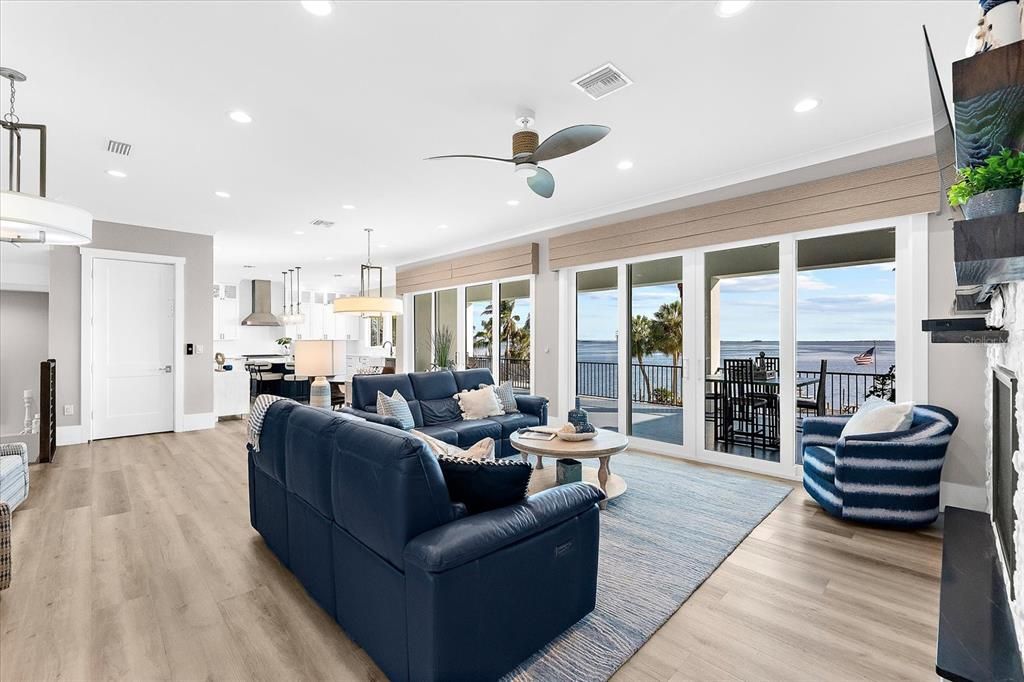 Interior, Kitchen, Living room, Pendant Lights, Recessed Lighting, Water, Wood Texture Flooring
