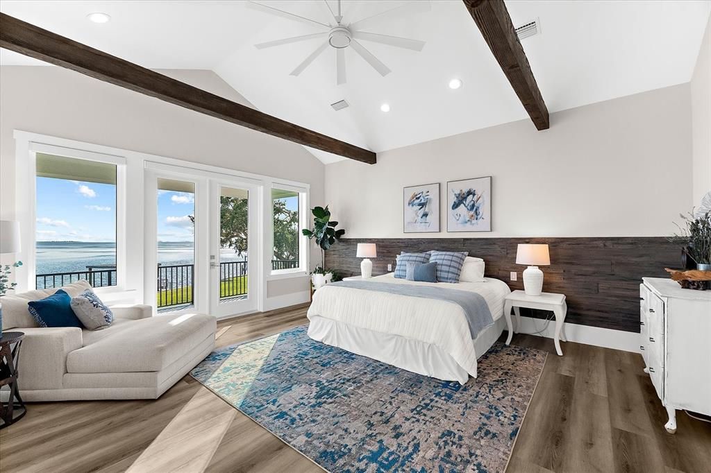 Bedroom, Interior, Recessed Lighting, Water, Wooden Beams, Wood Texture Flooring