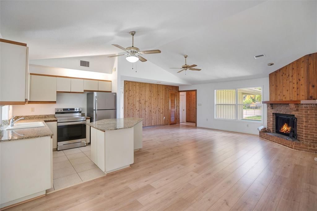 Empty room, Fireplace, Interior, Kitchen, Stainless Steel Appliances, Wood Texture Flooring