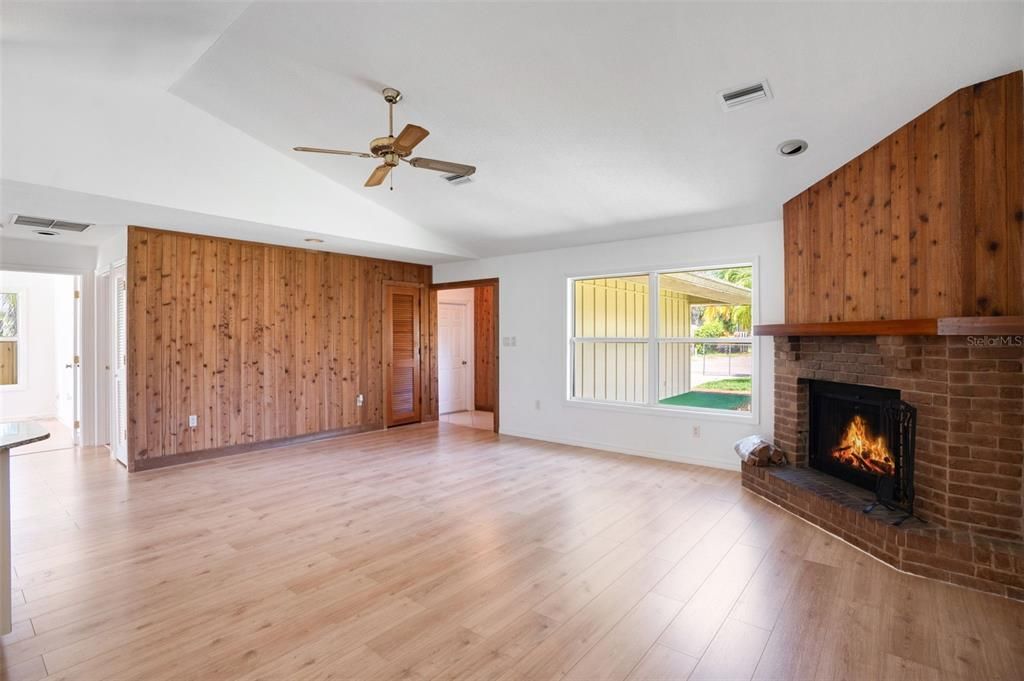Empty room, Fireplace, Interior, Wood Texture Flooring, Wooden Walls