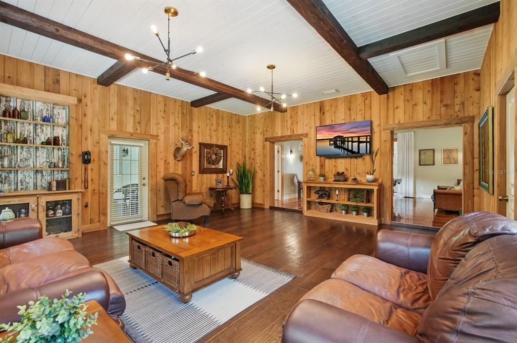 Fireplace, Interior, Living room, Pendant Lights, Recessed Lighting, Wooden Beams, Wood Texture Flooring, Wooden Walls