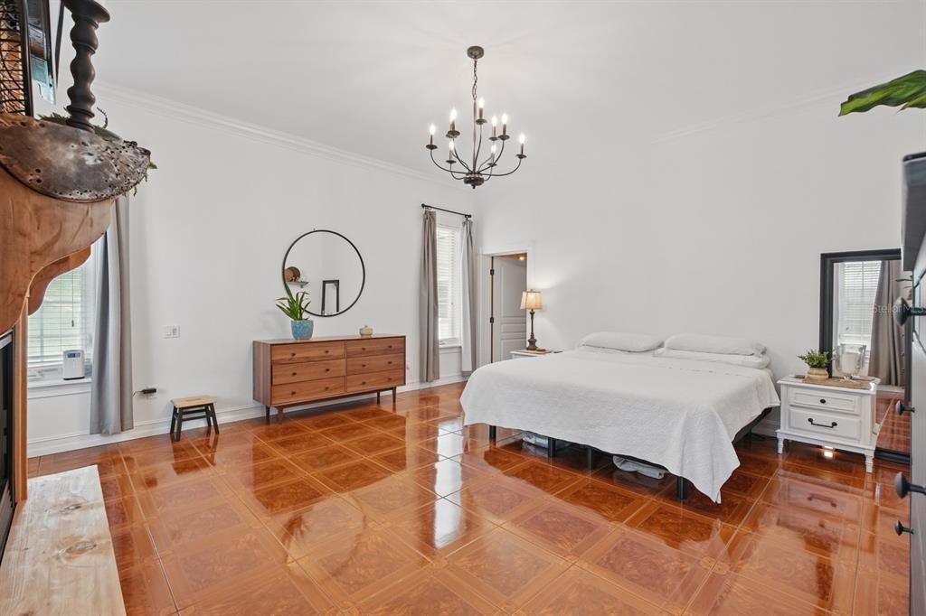 Bedroom, Chandelier, Interior, Wood Texture Flooring