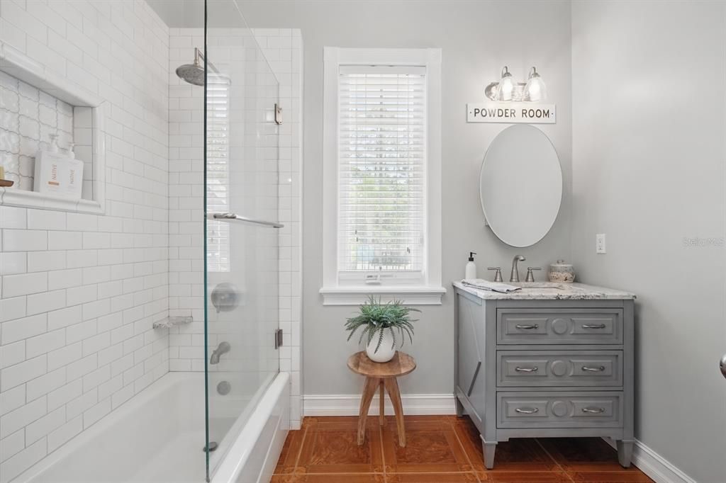 Bathroom, Glass Shower, Interior, Wood Texture Flooring