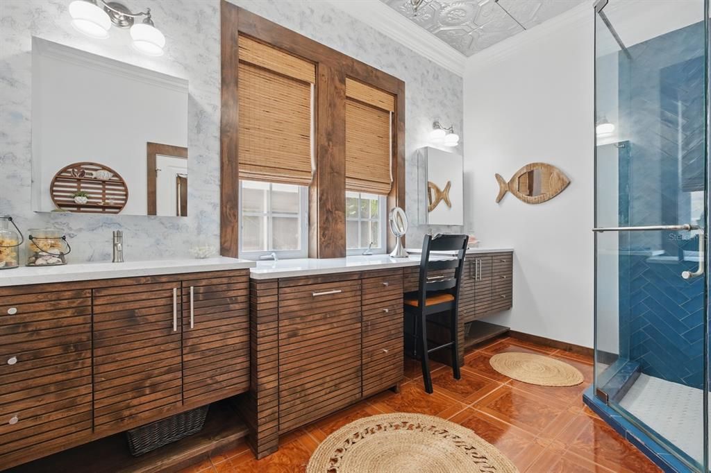 Bathroom, Dual Sink Vanities, Glass Shower, Interior, Wood Texture Flooring