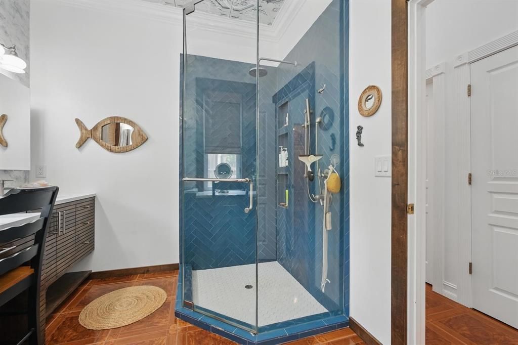 Bathroom, Glass Shower, Interior, Wood Texture Flooring