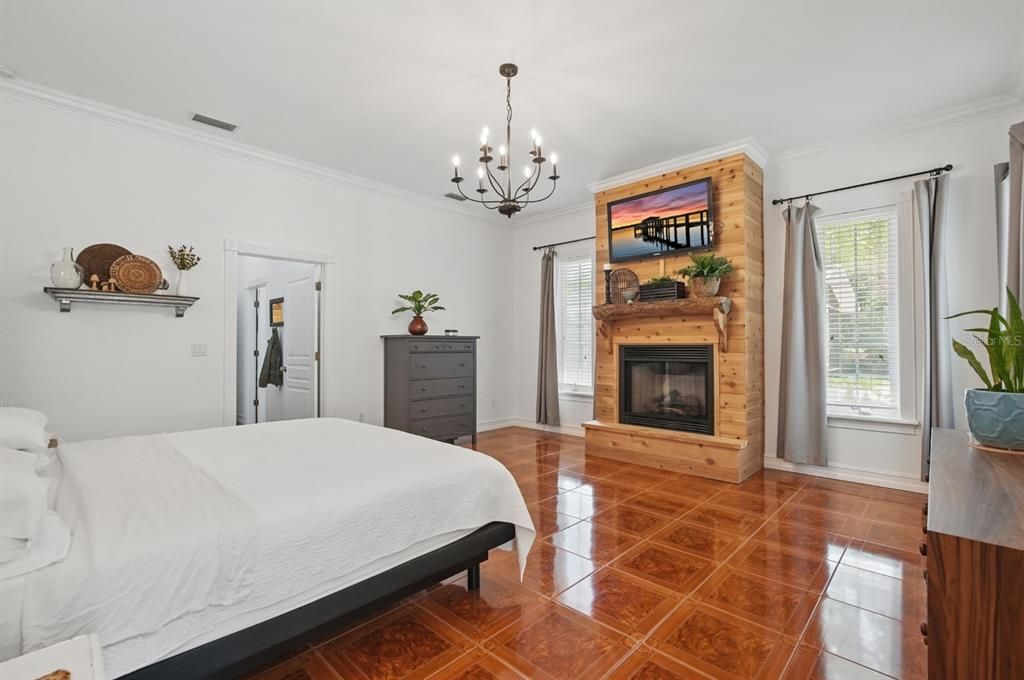 Bedroom, Chandelier, Fireplace, Interior