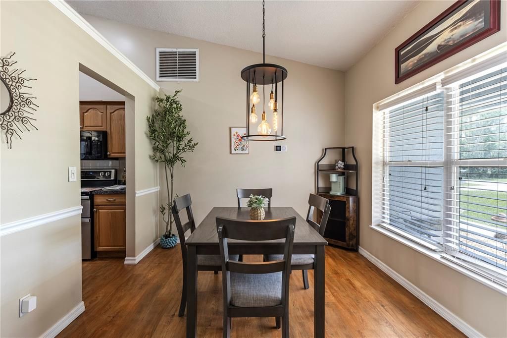 Dining room, Interior, Pendant Lights, Wood Texture Flooring