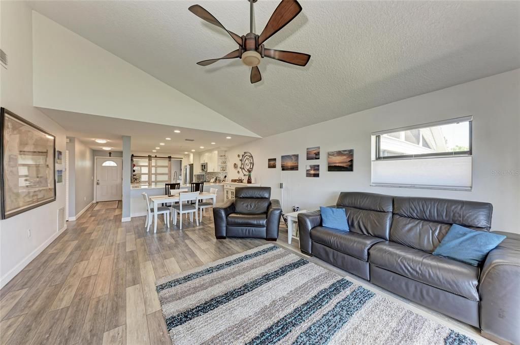 Dining room, Interior, Kitchen, Living room, Recessed Lighting, Wood Texture Flooring