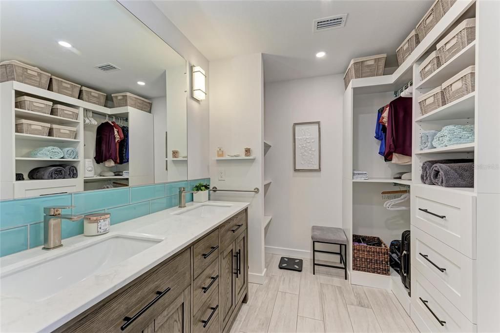 Bathroom, Dual Sink Vanities, Interior, Recessed Lighting, Walk-in Closets