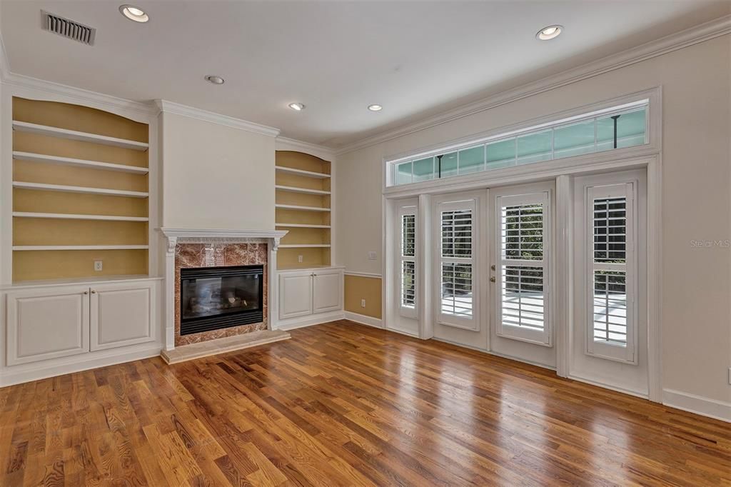 Empty room, Fireplace, Interior, Recessed Lighting, Wood Texture Flooring