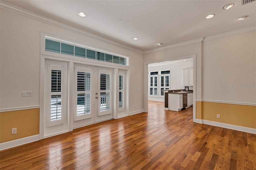 Empty room, Interior, Kitchen, Recessed Lighting, Wood Texture Flooring