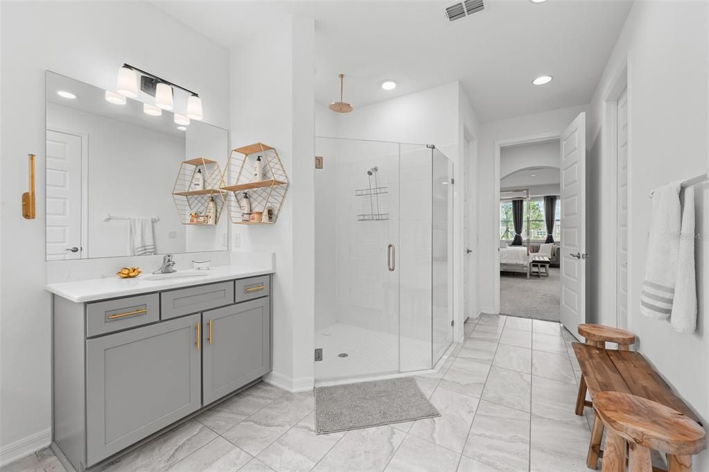 Bathroom, Dual Sink Vanities, Glass Shower, Interior, Recessed Lighting